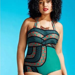 Modcloth Teal and Black One Piece Swimsuit
